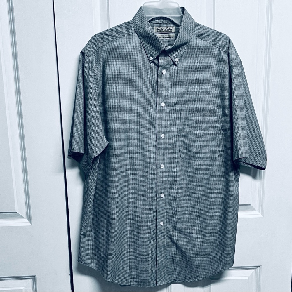 Roundtree & Yorke Short-Sleeve Button-Down Shirt in Slate Blue Microcheck Size L
